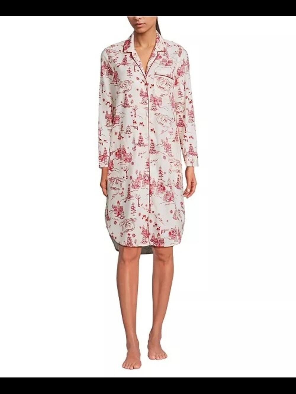 Land's End Flannel Sleepshirt Nightgown Pajama White Cream Red Xsmall